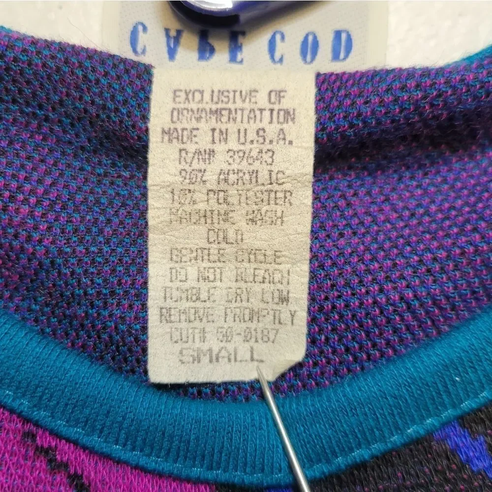 Cape Cod Vintage 80s Black Purple Teal  Floral Paisley Patterned Knit Sweater